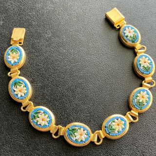 Signed Italy Vintage Micro Mosaic Glass Flower Gold Tone Bracelet 399