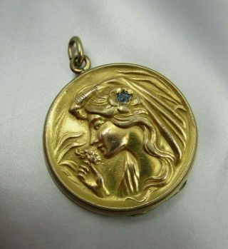 Antique Art Nouveau Gold Filled Locket W/ Girl Sniffing Rose/ Blue Set In Hair
