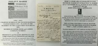 Pioneer Baseball Club Of Jersey City Nj1855 Player Marsh Autograph Letter Signed