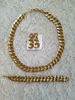 Vtg Statement Signed Monet Gold Tone Double Link Chain Necklace & Bracelet Set