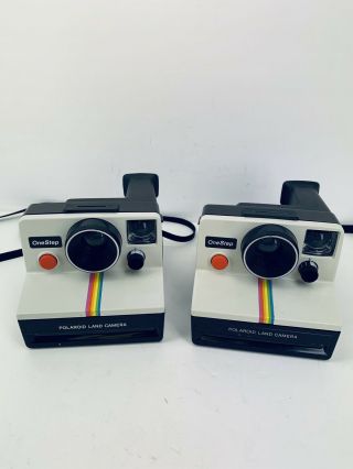 2 Vintage Polaroid Onestep White Rainbow Stripe Sx70 Instant Film Land Cameras