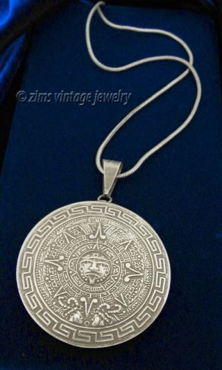 Vintage Old Mexican Alpaca Silver Aztec Calendar Sundial Zodiac Pendant Necklace
