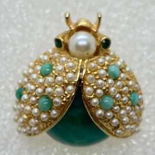 Signed Hattie Carnegie Vintage Ladybug Brooch Faux Turquoise Pearl Glass Belly