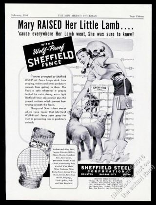 1950 Farm Girl Pinup Pin - Up Art & Lamb Sheffield Steel Fence Vintage Print Ad