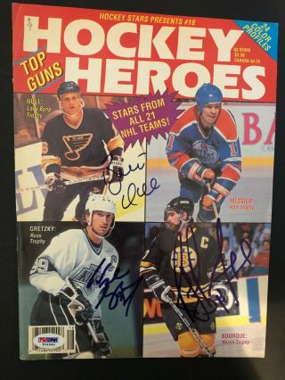 Wayne Gretzke,  Ray Bourque,  Brett Hull Autographed Hockey Heroes Cover Psa Dna