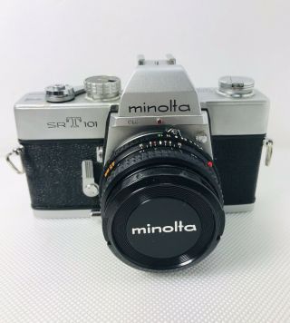 Minolta Srt - 101 Cameras With Minolta Md Rokkor - X 1:2 F=45 Mm Lens Made In Japan