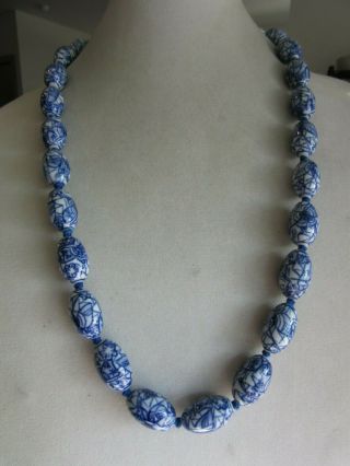 Vintage Chinese Blue And White Porcelain Bead Necklace - 30 " Long