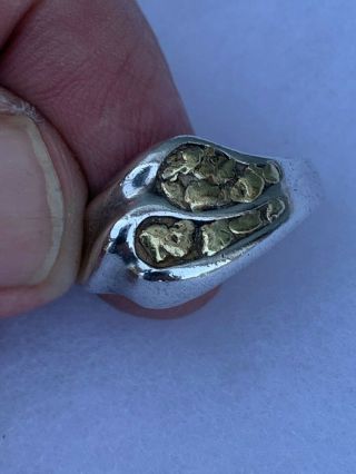 Vintage Hand Crafted Art Deco Sterling Silver Ring With Gold Nugget Setting