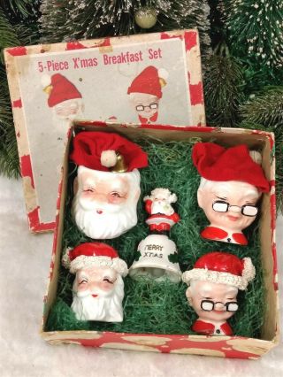 Vtg 1950s Kreiss 5 Piece Xmas Breakfast Set Santa & Mrs Egg Cozy Bell Orig.  Box