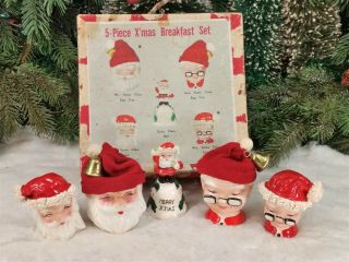 Vtg 1950s KREISS 5 Piece XMAS BREAKFAST SET Santa & Mrs Egg Cozy Bell Orig.  Box 2