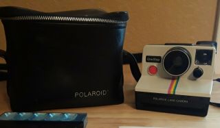Vintage Poloroid One Step Instant Film Camera With Case,  Flash Cubes,  And Papers