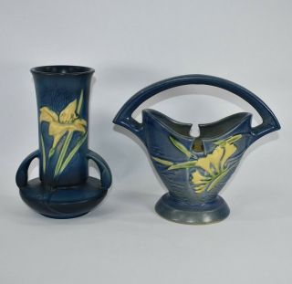 Vintage Roseville Pottery Blue Zephyr Lily Vase 131 - 7 And Freesia Basket 390 - 7