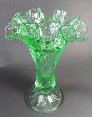 Vintage Fenton Daffodil Floral Clear Green Glass Vase Ruffled Rim Double Crimp