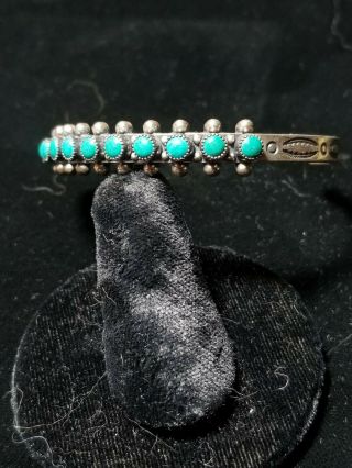 Vintage Navajo Turquoise Petit Point Stamped Sterling Silver Row Cuff Bracelet