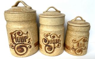 Vintage Pottery Craft Treasure Stoneware Tan Canister Set Of 3 Sugar Coffee Tea