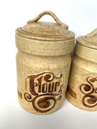 Vintage Pottery Craft Treasure Stoneware Tan Canister Set of 3 Sugar Coffee Tea 2