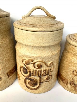 Vintage Pottery Craft Treasure Stoneware Tan Canister Set of 3 Sugar Coffee Tea 3