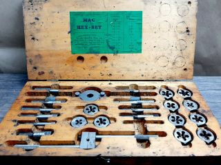 Vintage Mac Tools Tap And Die Hex Set 1/2 " - 1/4 " Wood Box Sae Usa
