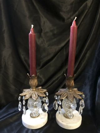 2 Vintage Dangling Crystal Candle Holders Marble Base Italy Hollywood Regency