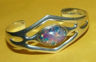 Vtg " Taxco " Mexico " 925 " Sterling Silver W/ Foil Art Glass Cuff Bracelet 26.  8g