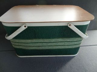 Redmon Vtg Picnic Basket Green Woven Wicker Hardwood Bottom Metal Handle Mcm