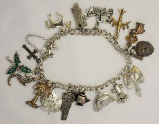 Vtg Elco Double Strand Sterling Silver Charm Bracelet W/ 16 Sterling Charms