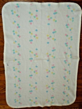 Vintage Baby Morgan Blanket Thermal White W/ Pink Blue Green Balloons Receiving