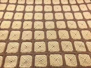 Vtg Afghan Hand Crocheted Granny Square Tight Braid Join Brown Light Tan 68x48