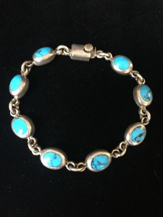 Vintage Sterling Silver Bracelet Turquoise Oval Stones Taxco Mexico Chain Link