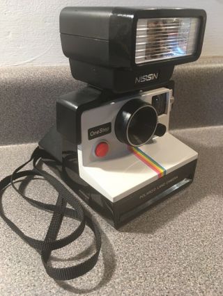Vintage Polaroid Land Camera Strap W/ Flash One Step Nissin Fip Ii Sx - 70 Rainbow