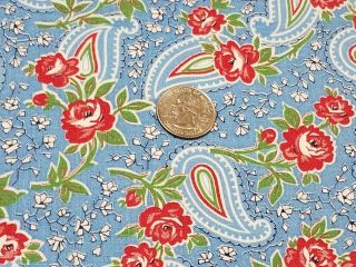 Vintage Full Feedsack: Blue With Red Roses And White Paisley