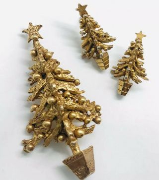 Signed Raffine Christmas Tree Brooch & Earrings Demi Modernist Vintage Jewelry