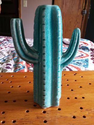 Vintage Art Pottery Matte Green Blue Vase Cactus Art Deco Double Handle