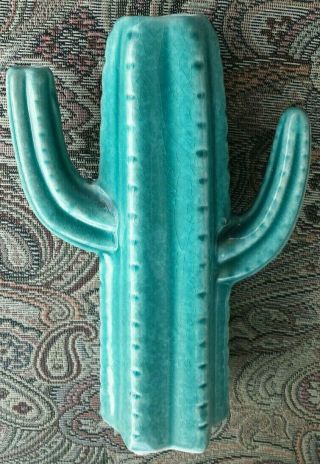 Vintage Art Pottery matte green blue vase cactus art deco double handle 2