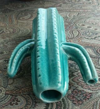 Vintage Art Pottery matte green blue vase cactus art deco double handle 3