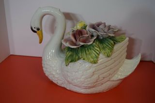 Vintage - Capodimonte - Swan - 3 - Flower - Very - Large - Size - 12 " X 10 " Made In Italy