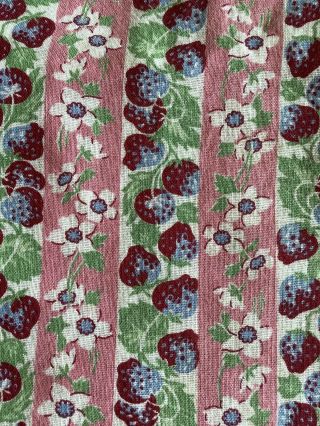 Vintage Full Feed Sack Rows of Blue & Red Strawberries White Flowers on Pink 2