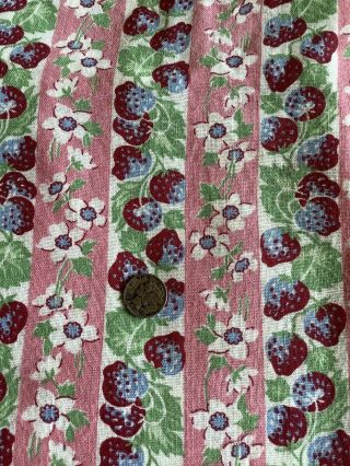 Vintage Full Feed Sack Rows of Blue & Red Strawberries White Flowers on Pink 3