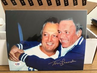 Hof Tommy Lasorda Signed 8x10 Photo W/frank Sinatra Cut Auto Psa/dna Sticker