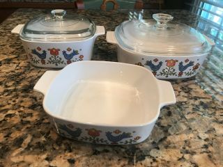 Vtg 5 Piece Pyrex & Corning Ware With Lids Country Festival Friendship Birds