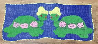 Vintage 70s/80s Handmade Turtle Table Scarf Doily 41”x17” Blue Green Yellow Pink