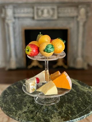 Vintage Miniature Dollhouse Artisan 2 Tier Glass Plate,  Sculpted Fruit & Cheese