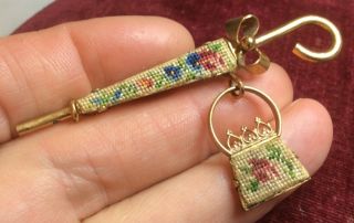 Vintage Art Deco Jewellery Lovely Petit Point Tapestry Parasol & Hand Bag Brooch