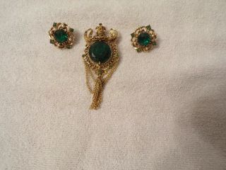 Vintage Florenza Gold Plated Crown Brooch With Tassel And Matching Earrings.