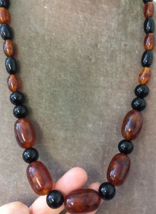 Vintage Jewellery Stunning Long Chunky Amber & Black Celluloid Bead Necklace