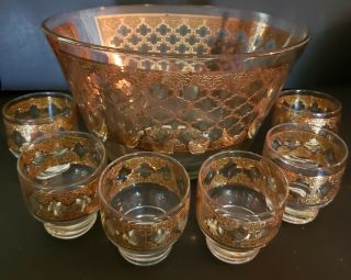 Vintage Culver Valencia Punch Set Bowl,  6 Footed Cups Glasses 1962 Gold