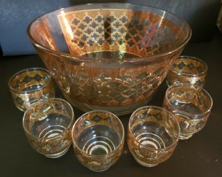 Vintage Culver VALENCIA Punch Set Bowl,  6 Footed Cups Glasses 1962 Gold 3