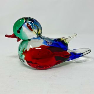 Vintage Murano Italy Oball Onesto Sommerso Blue Red Green Art Glass Duck Figurin