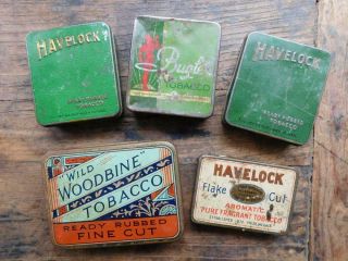 5 Vintage Tobacco Tins Havelock Flake Cut & Ready Rubbed Woodbine Bugle 1900s