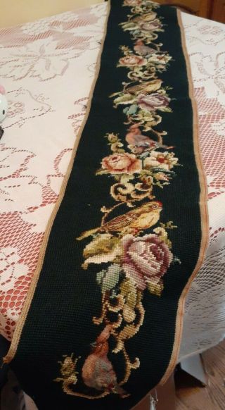 Vintage Needlepoint Petit Point Bell Pull Floral Gold Florals Birds 51”